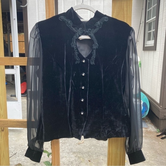 Black VELVET Blouse, Vintage, Sheer Statement Sleeves 90s Goth Prairie Medium - Picture 4 of 8